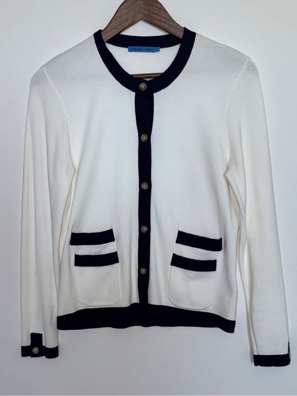 J. McLaughlin Women Small Navy White Contrast Trim Button Front Cardigan Sweater